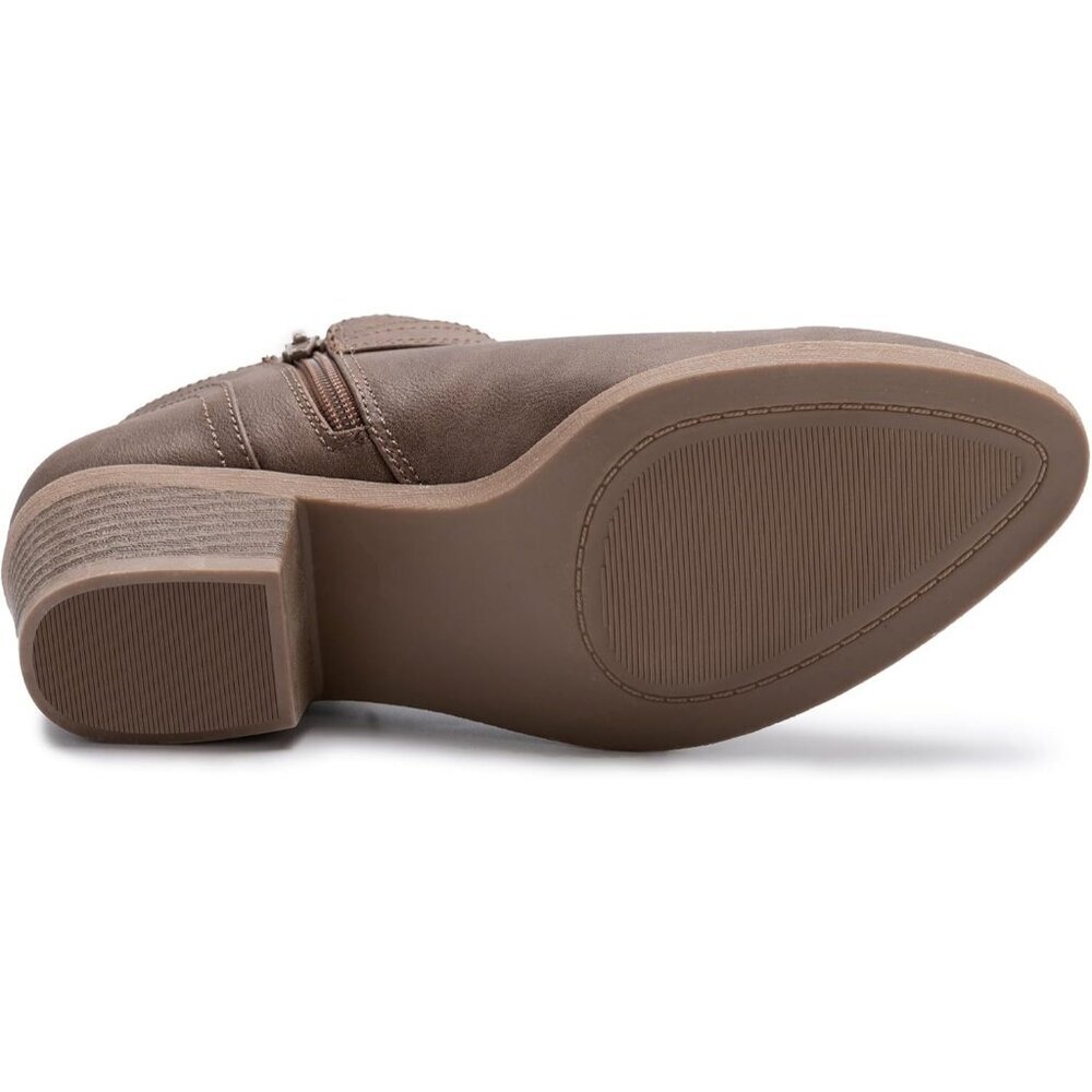 Women’s Taupe Chunky Low Heel Ankle Boots Classic Pointed Toe Zipper Booty - Picture 4 of 7